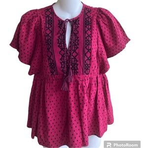Knox Rose Women's Hot Pink & Black Boho Batwing Sleeve Ruffle Blouse Top Size M